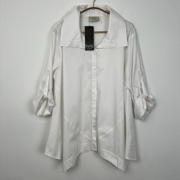 Inae Collection Medium Poplin Shirt White Boyfriend Trapeze Asymmetric Lagenlook - Picture 1 of 9
